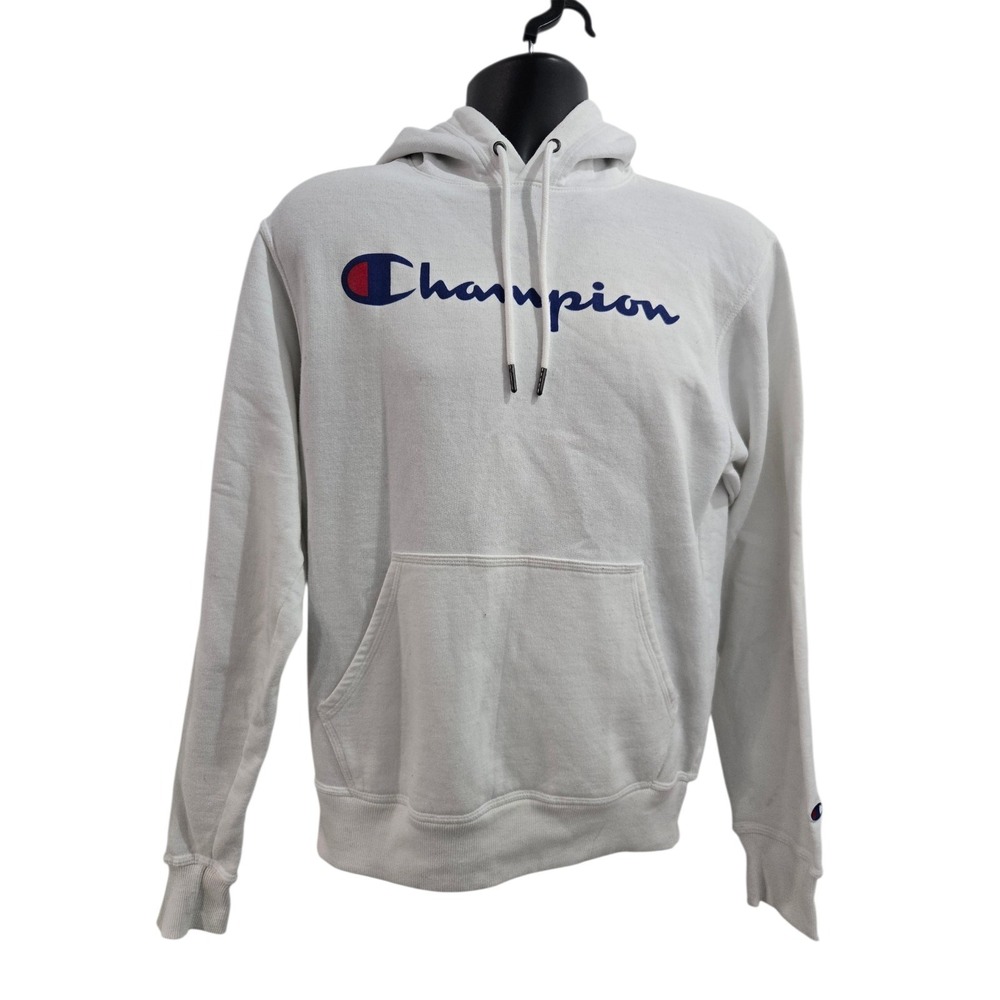 Champion Hoodie Men's‎ Small White Script Logo Pullover Fleece Sweatshirt GF89H